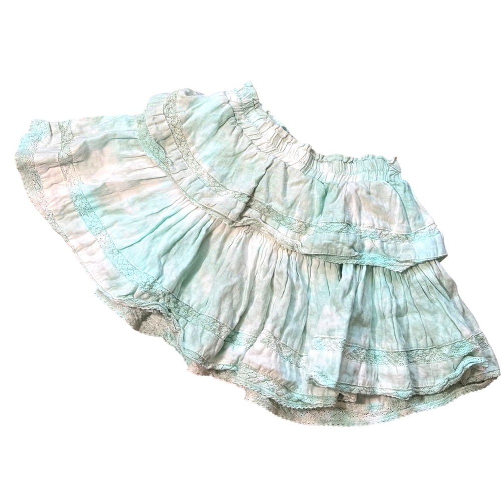 Coquette Linen Tiered Mini Skirt Green Tie Dye Lace Trim XS V6588LCI